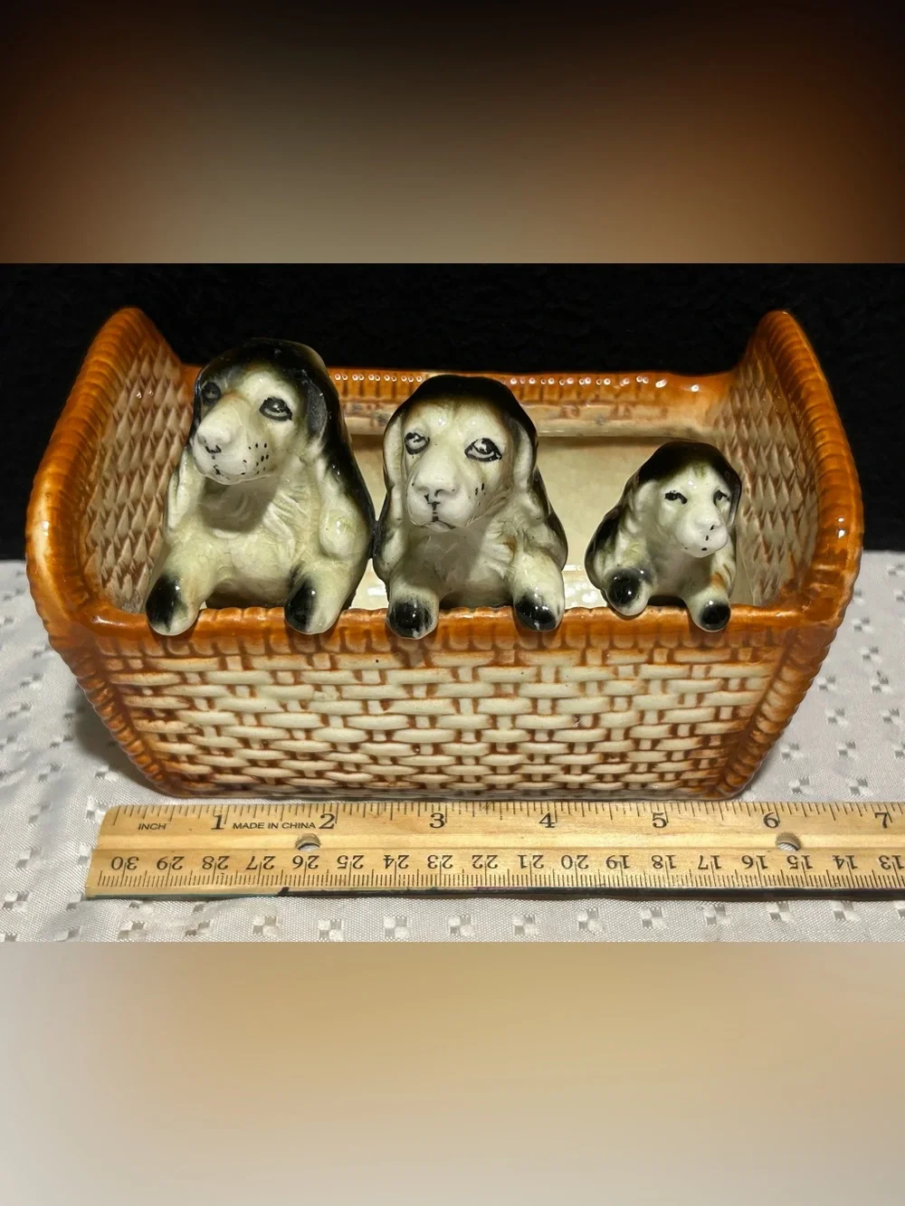 Vintage Napco Spaniel Dog Family Wicker Basket Planter